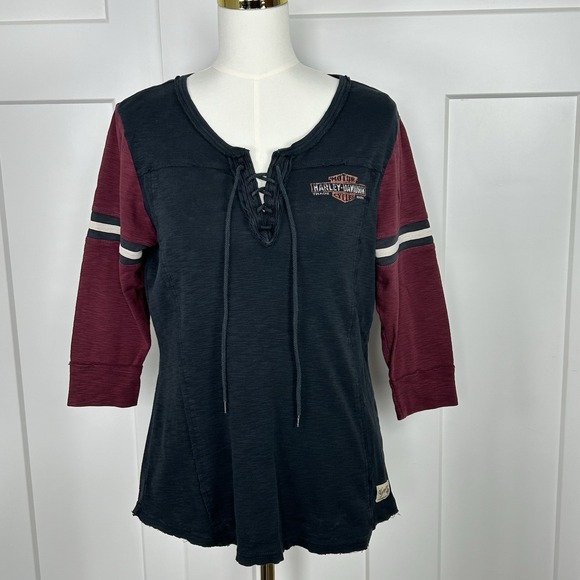 Harley-Davidson Tops - Harley-Davidson Women's Lace-Up Knit Logo Top Black Burgundy Scoop Neck LARGE